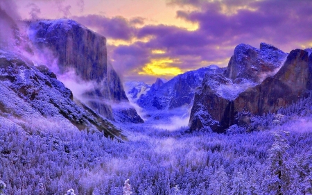 Blue Mountains - Yosemite Valley - clouds, sunset, california, mist, landscape, snow, el capitan, sky