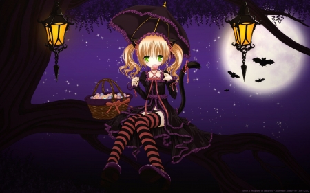 Anime halloween - moon, anime, halloween, lamp, night