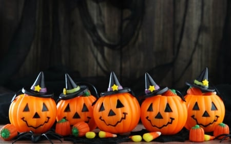 Pumpkin Witches and Candy - jack o lanterns, candy, halloween, pumpkins, spider, witches, hats