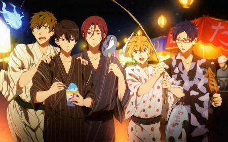 Free! Iwatobi Swim Club - male, makoto tachibana, shaved ice, nagisa hazuki, rin matsuoka, rei ryugazaki, haruka nanase, free iwatobi swim club, kawaii, cotton candy, boys, anime guys, anime, kimono, cute, festival