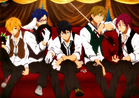 Free! Iwatobi Swim Club - Free, Pool, Cards, Dove, Rin Matsuoka, Anime, Makoto Tachibana, Poker, Nagisa Hazuki, Anime guys, Rei Ryugazaki, Hat, Suits, Male, Haruka Nanase