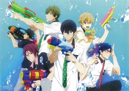 Free! - male, makoto tachibana, nagisa hazuki, water guns, rin matsuoka, water, anime boys, rei ryugazaki, haruka nanase, boys, anime, cute, sousuke yamazaki