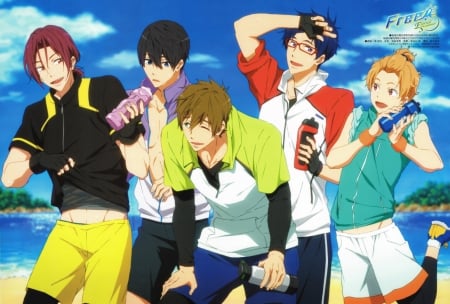 Free! - male, ocean, beach, makoto tachibana, nagisa hazuki, rin matsuoka, anime boys, rei ryugazaki, haruka nanase, free iwatobi swim club, water bottle, anime