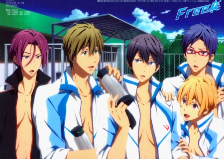 Free! Iwatobi Swim Club - male, makoto tachibana, swimming, nagisa hazuki, rin matsuoka, summer, rei ryugazaki, haruka nanase, free iwatobi swim club, water bottle, free, anime guys, anime, cute