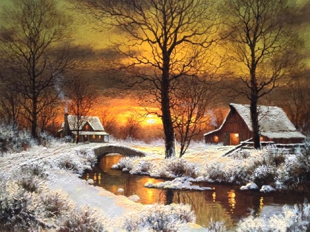 Winter Sunset - bridges, winter, attractions in dreams, paintings, creek, snow, xmas and new year, sunsets, nature, cottages, love four seasons