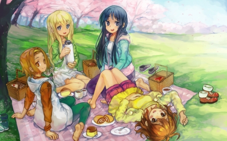 Girls at Picnic - girls, picnic, spring, anime