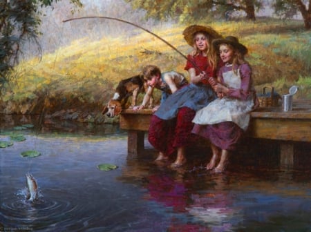 â™¥ - painting, girls, abstract, fishing