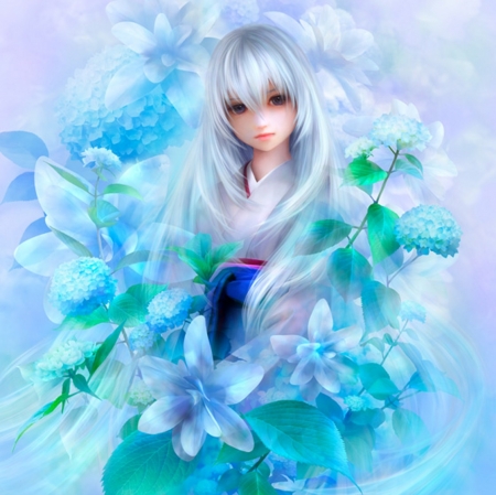 é›¶èŠ± - flower, cute, maiden, beautiful, blossom, adorable, girl, white, fantasy, lady, gorgeous, floral, silver, pretty, kawaii, beauty, sweet, silver hair, yukata, hd, nice, lovely, kimono, female, realistic