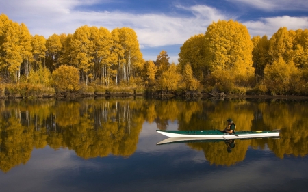 Autumn River - clouds, trees, sunny, boat, forest, reflection, river, nature, autumn, sky