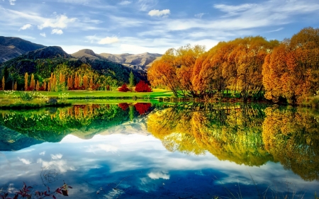 Lake in Reflection - nature, autumn, lake, trees, reflection, clouds, colors