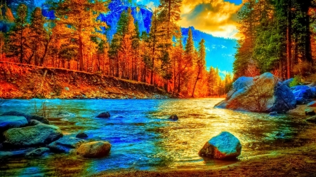 Mountain Stream - autumn, fall, trees, mountain, clouds, stream, water, rocks