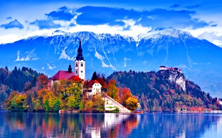 Bled, Slovenia - autumn, sky, slovenia, trees, colorful, bled, fall, reflection, lake, mountain, tourism, trravel, serenity, church, tranquil, beautiful, blue, island, europe