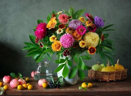 Still life - pretty, vase, delicate, beautiful, lovely, still life, bouquet, leaves, flowers, basket, fall, apples, autumn