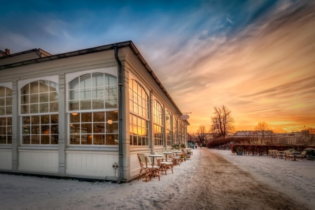 Orangery in King's Garden, Copenhagen, Denmark - snow, winter, hdr, sunset, path