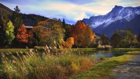 Riverside Autumn - clouds, fall, trees, season, colors, mountains, sky