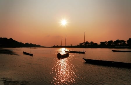 Sunset - nature, lake, boats, orange, sinset