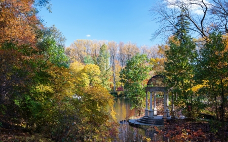 Autumn Garden - garden, reflection, gazebo, trees, nature, autumn