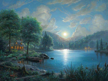 Evening at the lake - cottage, sky, evening, trees