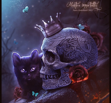 Mantra Immortality - cat, fantasy, rose, skull