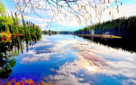 Blue Lake - nature, autumn, trees, yellow, reflection, clouds, mirror, green