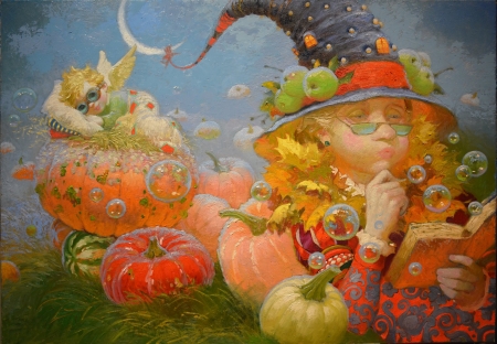 Halloween dreams - hat, angel, child, dream, bubbles, fantasy, painting, halloween, art, baby, luminos, orange, pictura, grand-mother