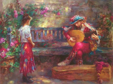 The musicant - musicant, girl, pink, man, child, cao yong, pictura, instrument, painting, garden, g, art, luminos, caoyong