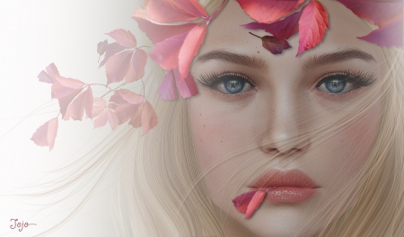 Autumn beauty - beauty, rendering, autumn, frumusete, leaf, fantasy, face, pink, red, luminos, toamna, blonde