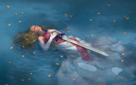 Legend of Zelda - legend of zelda, art, game, girl, blue, water, sword