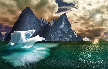 Stone and Ice - sky, iceberg, clouds, mountains, sea