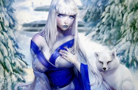 Winter's Heart - fox, women, snow, magic, winter, frozem, fantasy