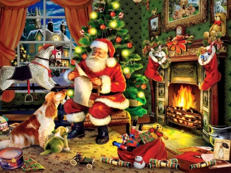 Cristmas card - christmas, santa, holiday, window, dog, home