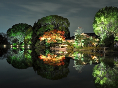 Autumn Reflection at Night - house, river, trees, japan, nature, autumn, boat, reflection