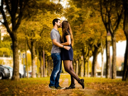 Autumn Love - trees, alley, autumn, kiss, couple, lovers