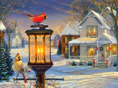 Welcome to our home - xmas and new year, attractions in dreams, houses, electric pole, winter, christmas, cardinals, holidays, home, love four seasons, snow, paintings