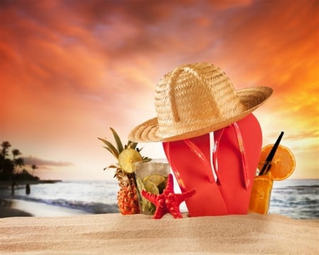 Summer - hat, slippers, fruits, beach