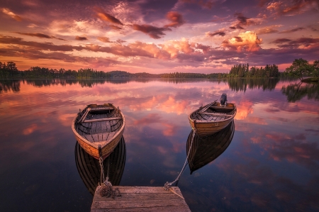 Boats on the Lake - nature, sky, lake, sunset