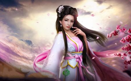 Serene Geisha - nice, woman, girl, fantasy, asian, lamamake, geisha, art, pretty, beautiful, pastel, kimono, digital