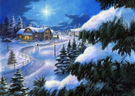 Snowy Cottages - love four seasons, winter, xmas and new year, holidays, snowman, christmas, cottages, home, houses, nature, paintings, snow