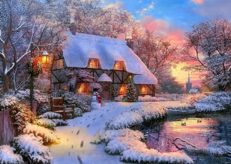 Winter Cottages - snowman, winter, pond, paintings, snow, holidays, xmas and new year, Christmas tree, nature, cottages, Christmas, love four seasons, houses