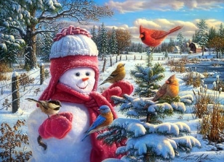 Snowbaby Grace - snowman, xmas and new year, attractions in dreams, winter, christmas, cardinals, christmas tree, holidays, love four seasons, snow, paintings, birds