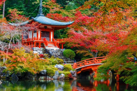 Japanese autumn - season, autumn, lake, trees, colorful, serenity, tranquility, fall, forest, japan, reflection, beautiful, colors, bridge, temple