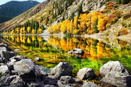 Autumn in Kasakhstan - hills, landscape, tranquil, forest, reflection, mountain, mirror, lake, golden, Asia, trees, beautiful, colors, stones, fall, autumn, serenity, rocks