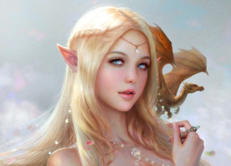 Opal - woman, elf, girl, frumusete, fantasy, face, hand, luminos, dragon, opal, blonde