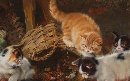 Kittens - animal, cute, cat, art, pisica, pictura, kitten, basket, painting