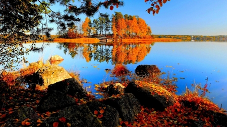 Beautiful Autumn Lake - trees, ature, autumn, lake, reflection, stones, leaves