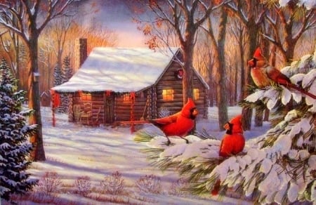 Winter Wonderland - xmas and new year, attractions in dreams, winter, cabins, christmas, cardinals, love four seasons, holidays, snow, paintings