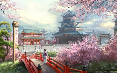 Empire - woman, beauty, sky, people, mountains, gardden, cherry blossom, lanterns, japan, clouds, kimono, bridge, palace, tres, landscape, cherry trees, pagoda, abstract, pink, beautiful, flowers