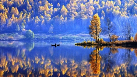 Autumn  Lake - season, sky, autumn, lake, nature, fall, reflection, tree, boat