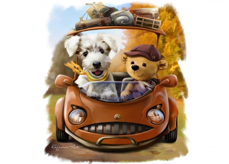 Travelers - travelers, autumn, puppy, toy, fantasy, caine, art, car, luminos, animal, lorri kajenna, teddy bear, cute