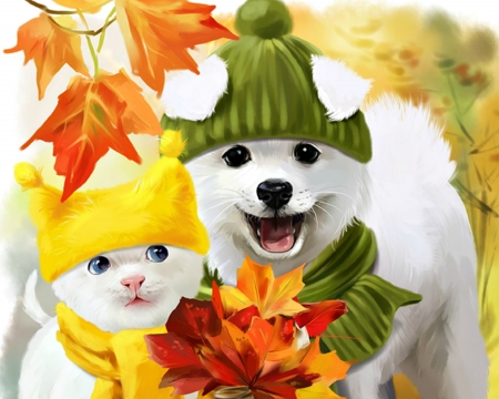 Maple - yellow, animal, kitten, puppy, caine, art, luminos, hat, lorri kajenna, maple, orange, cat, fantasy, pisica, green, autumn, cute, leaf, couple